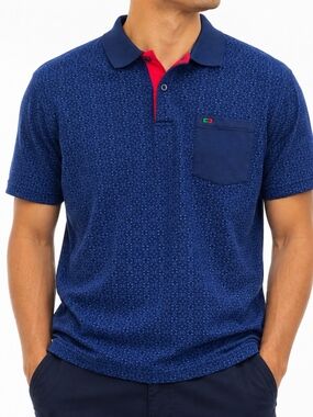 Peter England Navy Polo with Red Contrast Placket and Chest Pocket